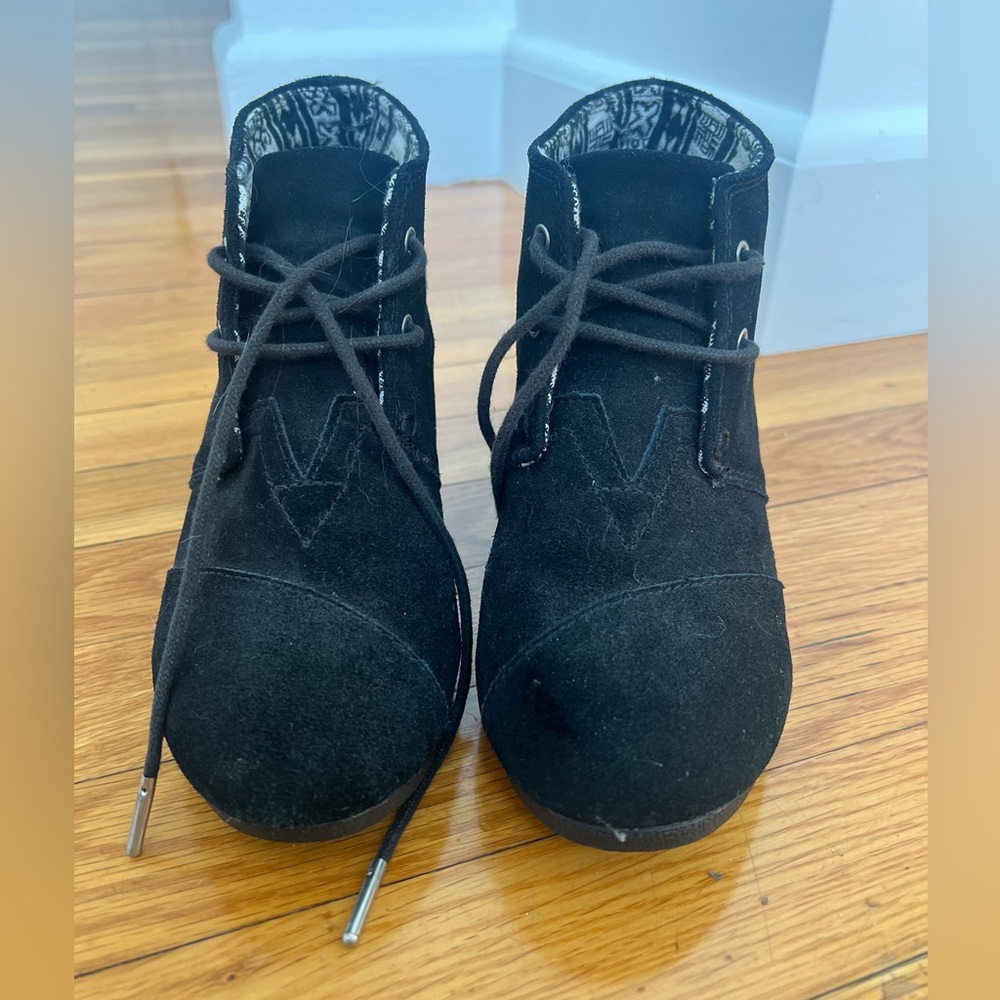 TOMS suede black wedge booties